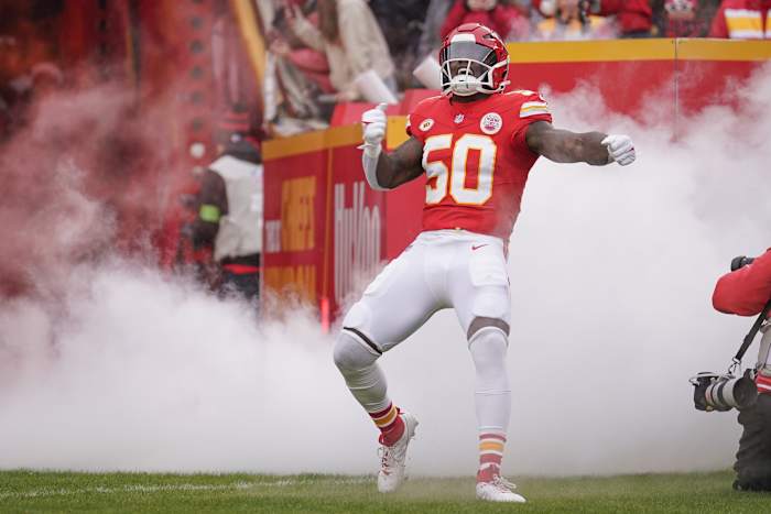  Kansas City Chiefs linebacker Willie Gay (50) is introduced against the Las Vegas Raiders prior to a game at GEHA Field at Arrowhead Stadium.